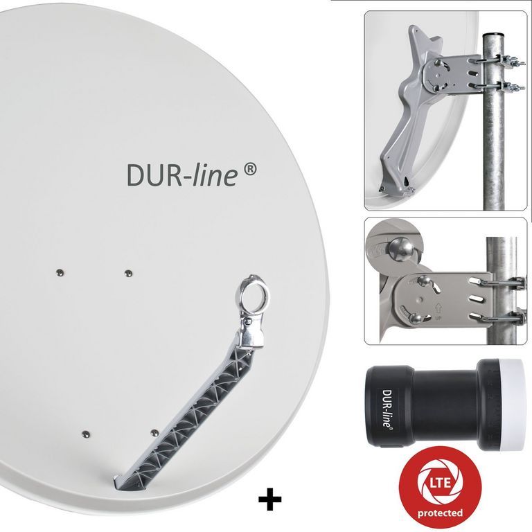 DUR-line 1 Teilnehmer Set 90 cm - Qualitäts-Sat-Komplettanlage 12310 Select 85cm/90cm ALU Spiegel/Schüssel + Single LNB hellgrau - für 1 Receiver/TV [Neuste Technik DVB-S2 4K 3D]