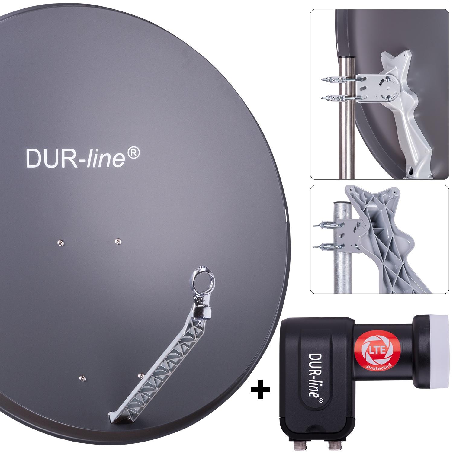 DUR-line 2 Teilnehmer Set 90 cm - Qualitäts-Sat-Komplettanlage 12314 Select 85cm/90cm ALU Spiegel/Schüssel + Twin LNB anthrazit - für 2 Receiver/TV [Neuste Technik DVB-S2 4K 3D]