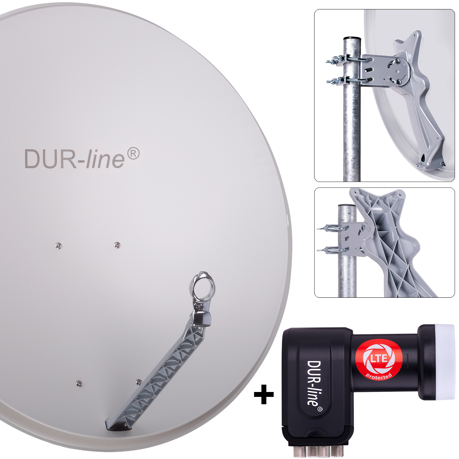 DUR-line 4 Teilnehmer Set 90 cm - Qualitäts-Sat-Komplettanlage 12319 Select 85cm/90cm ALU Spiegel/Schüssel + Quad LNB hellgrau - für 4 Receiver/TV [Neuste Technik DVB-S2 4K 3D]