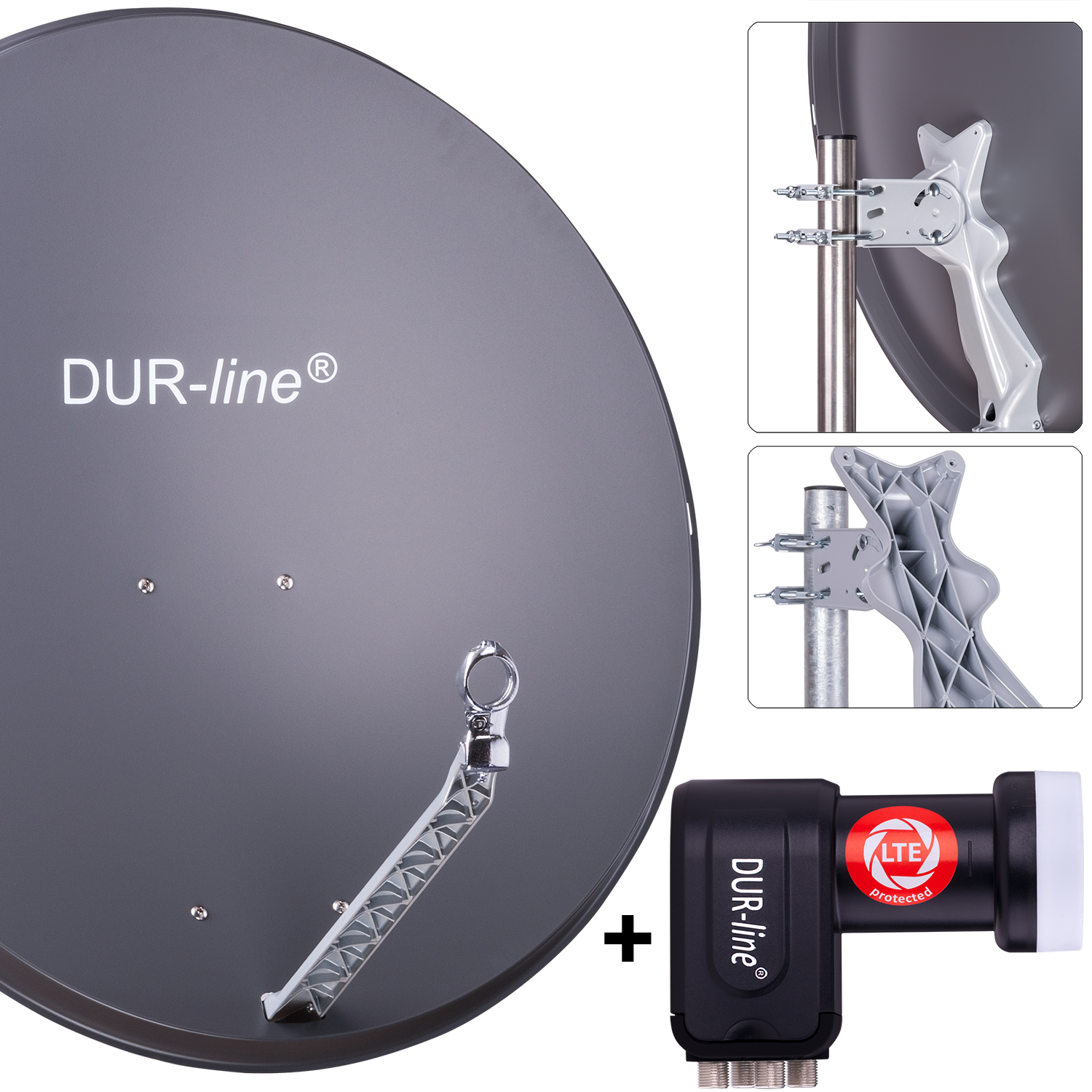 DUR-line 4 Teilnehmer Set 90 cm - Qualitäts-Sat-Komplettanlage 12320 Select 85cm/90cm ALU Spiegel/Schüssel + Quad LNB anthrazit - für 4 Receiver/TV [Neuste Technik DVB-S2 4K 3D]