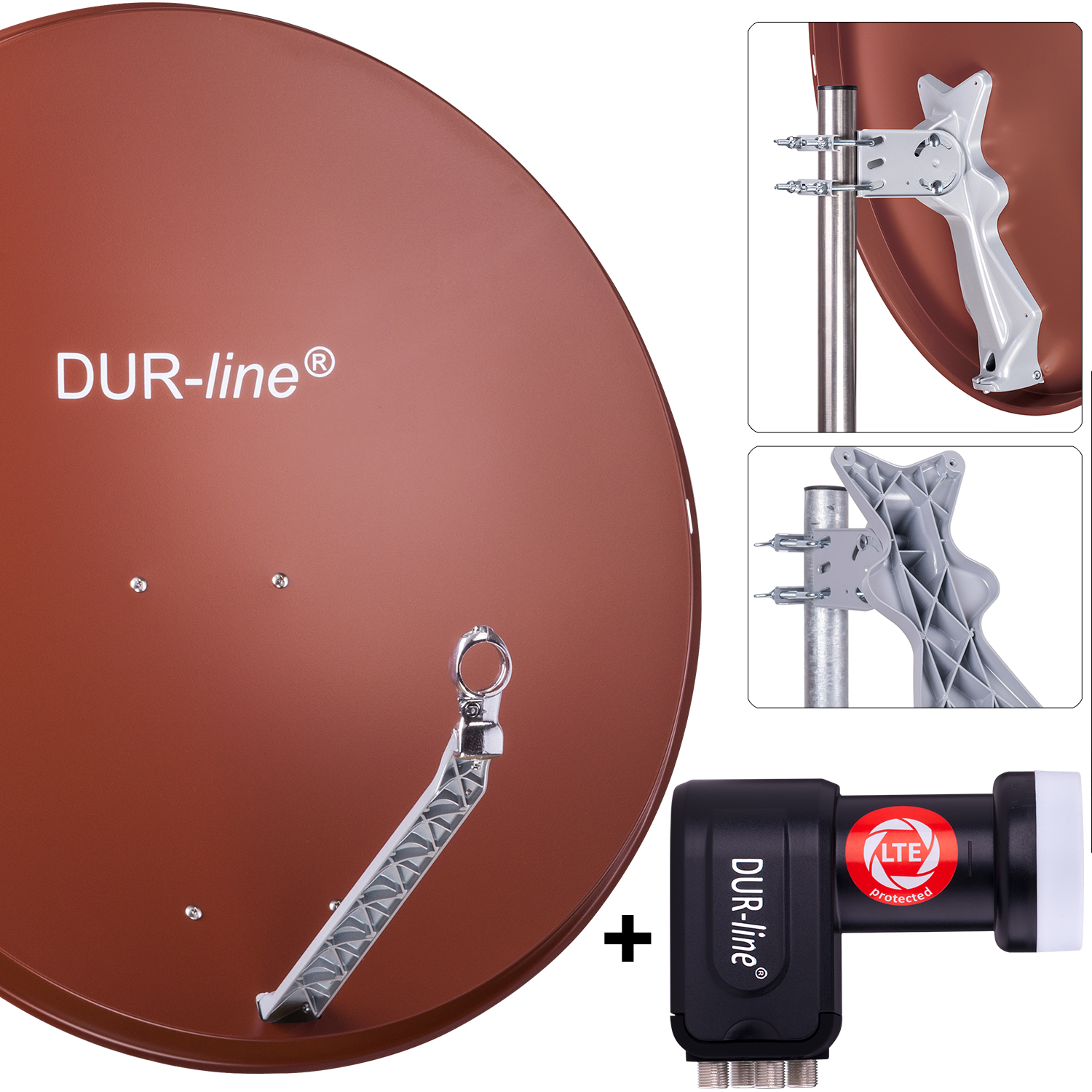 DUR-line 4 Teilnehmer Set 90 cm - Qualitäts-Sat-Komplettanlage 12321 Select 85cm/90cm ALU Spiegel/Schüssel + Quad LNB ziegelrot - für 4 Receiver/TV [Neuste Technik DVB-S2 4K 3D]