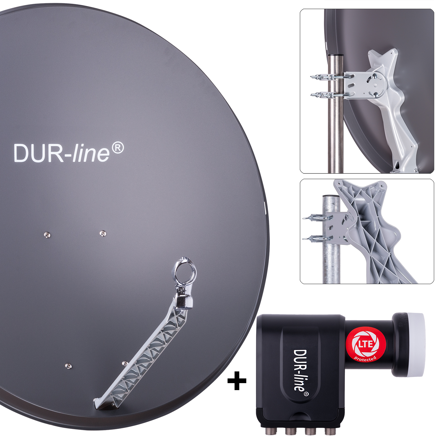 DUR-line 8 Teilnehmer Set 90 cm - Qualitäts-Sat-Komplettanlage 12323 Select 85cm/90cm ALU Spiegel/Schüssel + Octo LNB anthrazit - für 8 Receiver/TV [Neuste Technik DVB-S2 4K 3D]