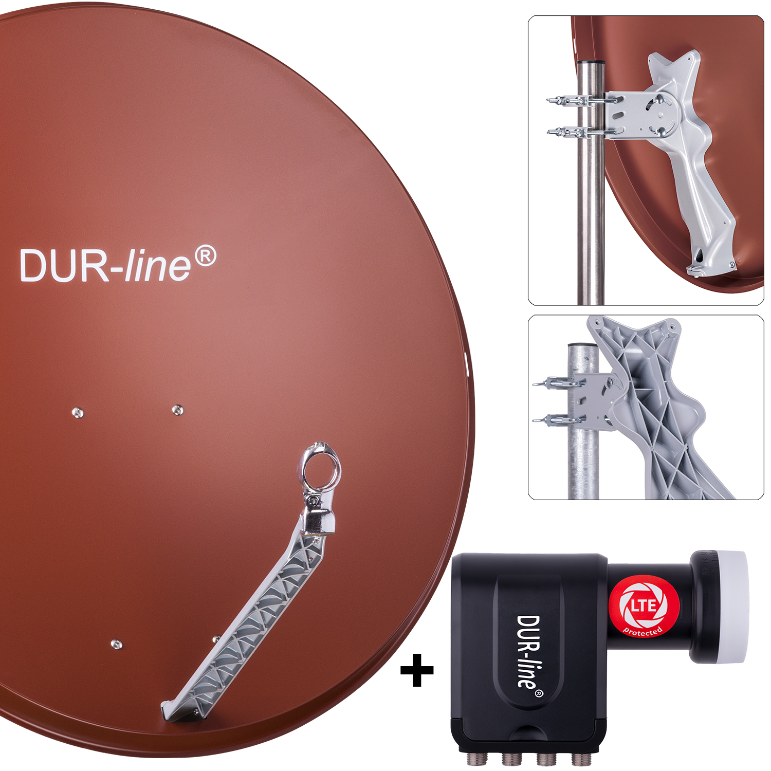 DUR-line 8 Teilnehmer Set 90 cm - Qualitäts-Sat-Komplettanlage 12324 Select 85cm/90cm ALU Spiegel/Schüssel + Octo LNB ziegelrot - für 8 Receiver/TV [Neuste Technik DVB-S2 4K 3D]