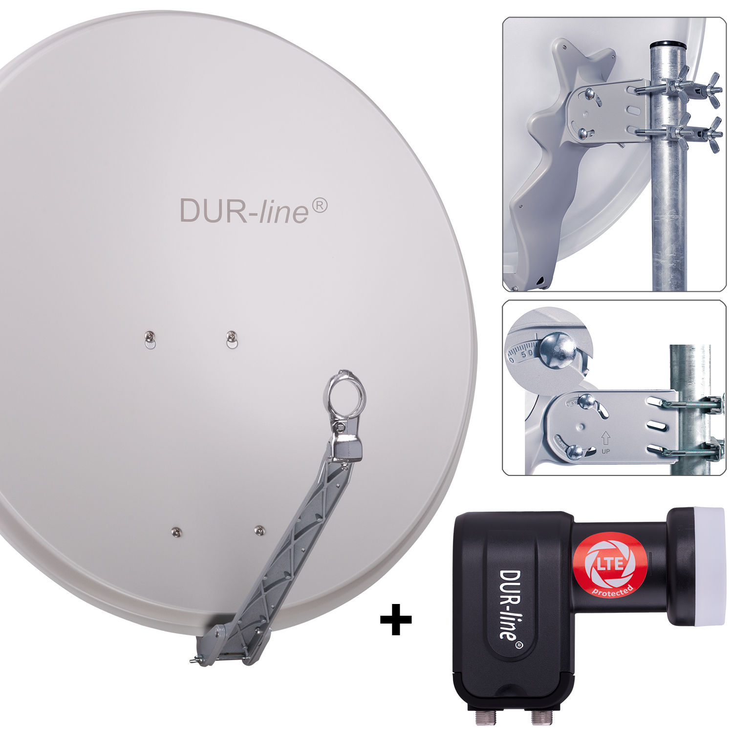 DUR-line 2 Teilnehmer Set 80 cm - Qualitäts-Sat-Komplettanlage 12355 Select 75cm/80cm ALU Spiegel/Schüssel + Twin LNB hellgrau - für 2 Receiver/TV [Neuste Technik DVB-S2 4K 3D]