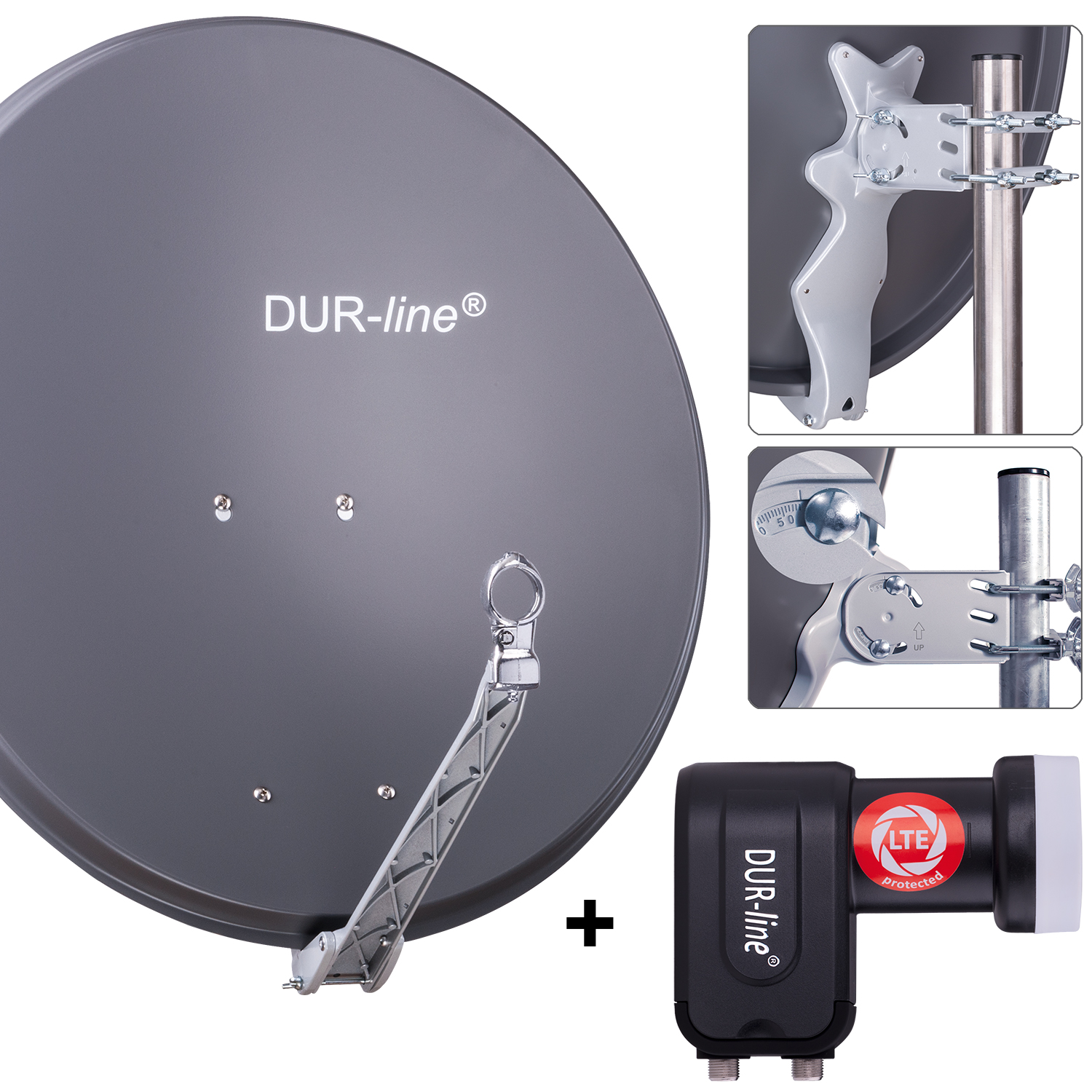 DUR-line 2 Teilnehmer Set 80 cm - Qualitäts-Sat-Komplettanlage 12356 Select 75cm/80cm ALU Spiegel/Schüssel + Twin LNB anthrazit - für 2 Receiver/TV [Neuste Technik DVB-S2 4K 3D]