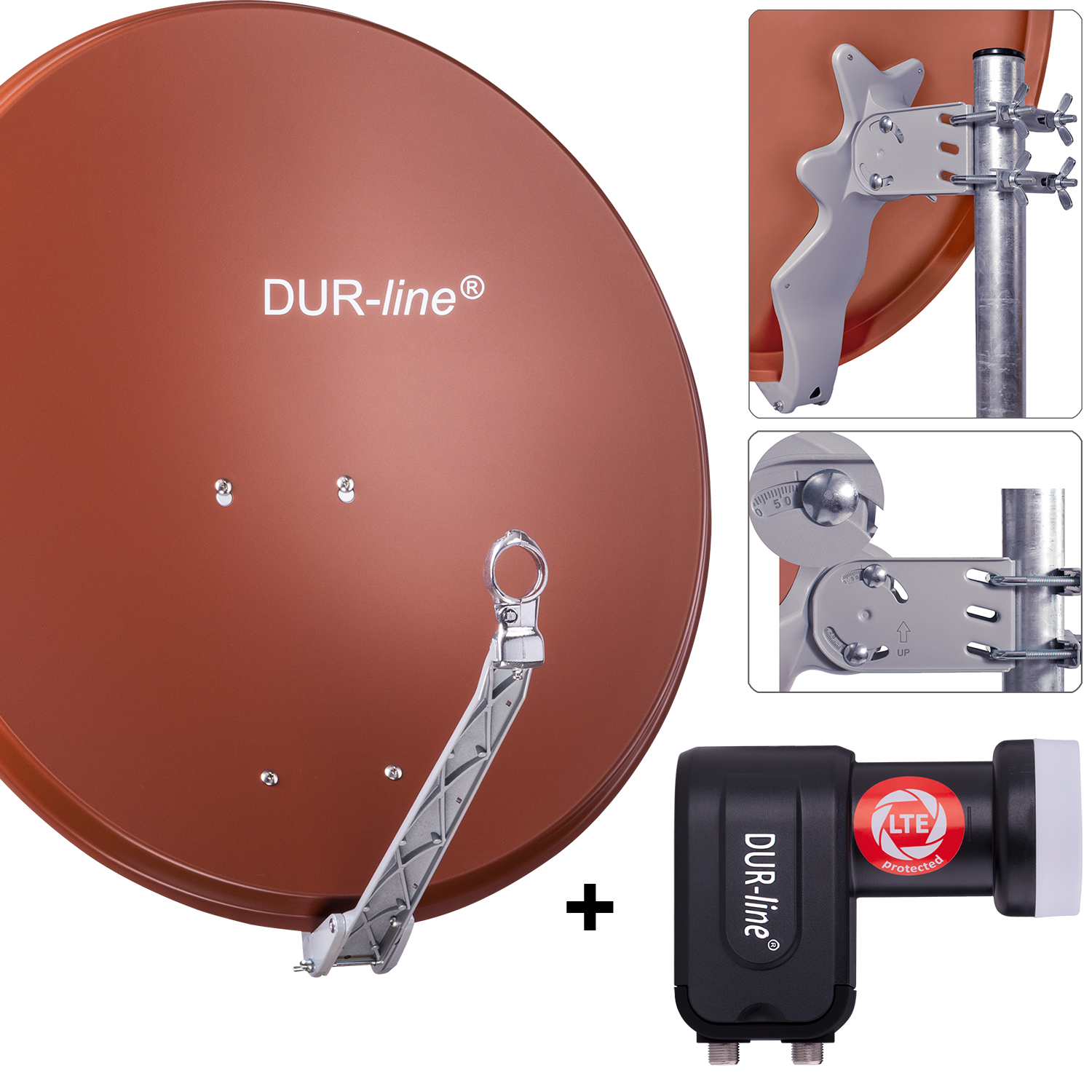 DUR-line 2 Teilnehmer Set 80 cm - Qualitäts-Sat-Komplettanlage 12357 Select 75cm/80cm ALU Spiegel/Schüssel + Twin LNB ziegelrot - für 2 Receiver/TV [Neuste Technik DVB-S2 4K 3D]