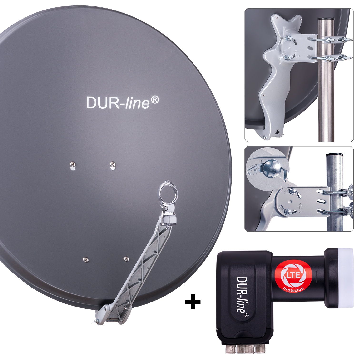 DUR-line 4 Teilnehmer Set 80 cm - Qualitäts-Sat-Komplettanlage 12361 Select 75cm/80cm ALU Spiegel/Schüssel + Quad LNB anthrazit - für 4 Receiver/TV [Neuste Technik DVB-S2 4K 3D]