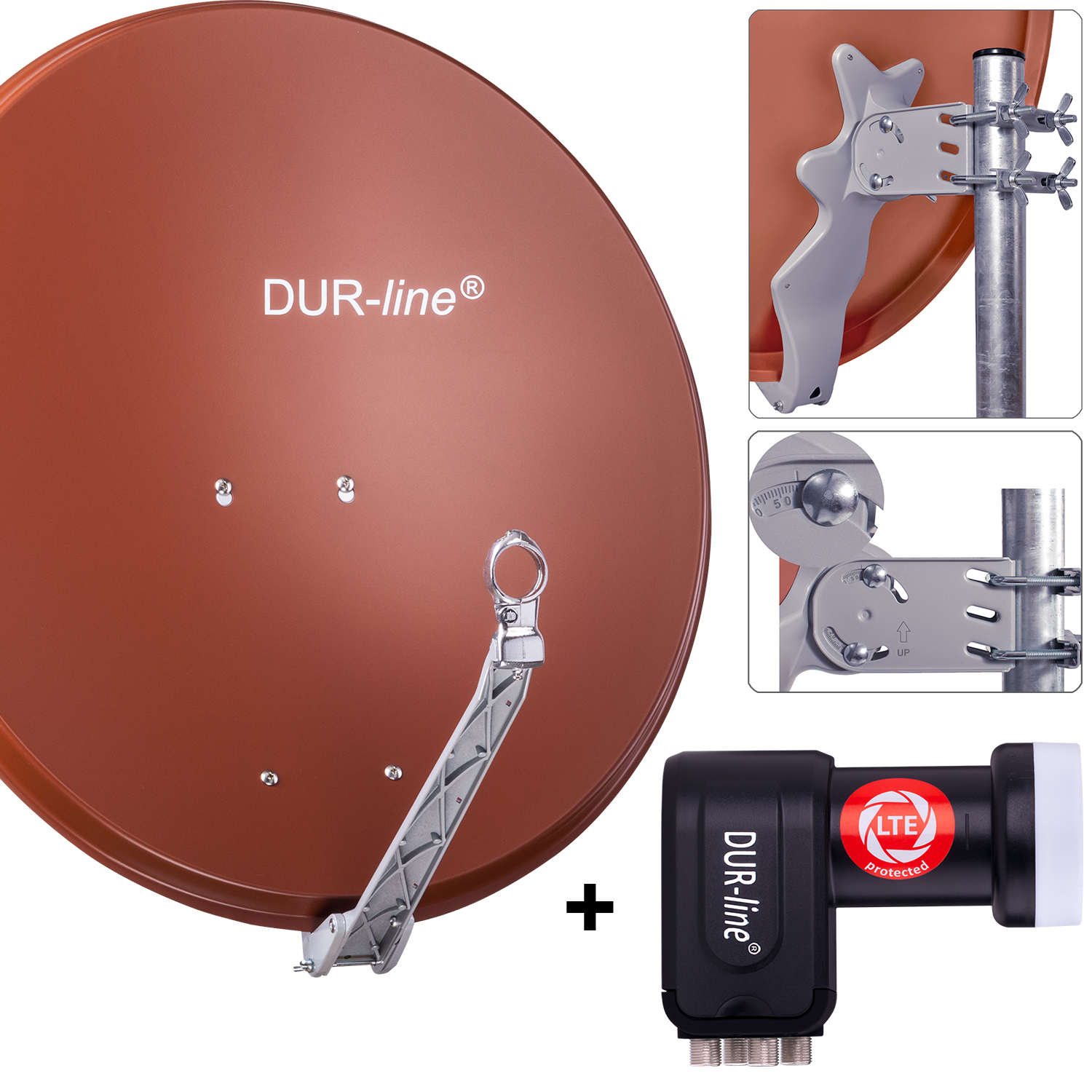 DUR-line 4 Teilnehmer Set 80 cm - Qualitäts-Sat-Komplettanlage 12362 Select 75cm/80cm ALU Spiegel/Schüssel + Quad LNB ziegelrot - für 4 Receiver/TV [Neuste Technik DVB-S2 4K 3D]