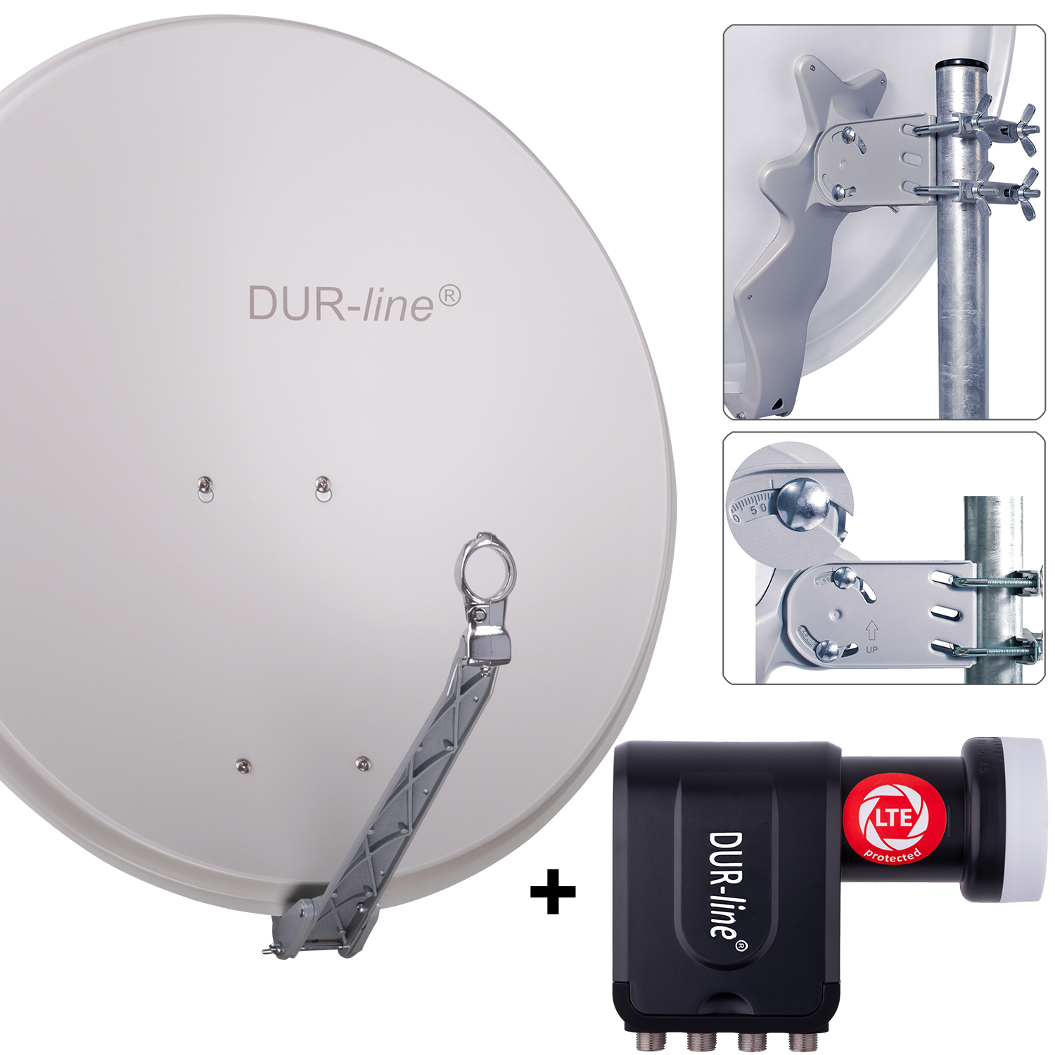 DUR-line 8 Teilnehmer Set 80 cm - Qualitäts-Sat-Komplettanlage 12365 Select 75cm/80cm ALU Spiegel/Schüssel + Octo LNB hellgrau - für 8 Receiver/TV [Neuste Technik DVB-S2 4K 3D]