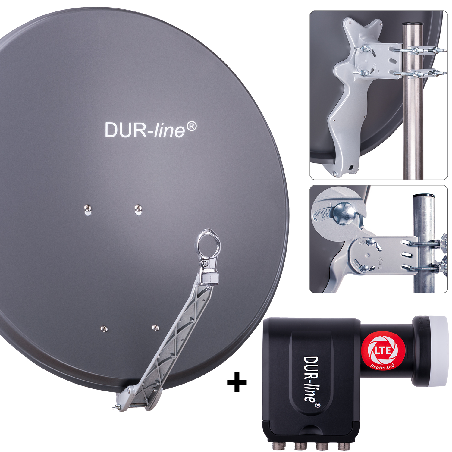 Qualitäts-Alu-Satelliten-Komplettanlage Select 75/80cm Spiegel/Schüssel Hellgrau Octo LNB DUR-line 8 Teilnehmer Set für 8 Receiver/TV Neuste Technik, DVB-S2, 4K, 3D 