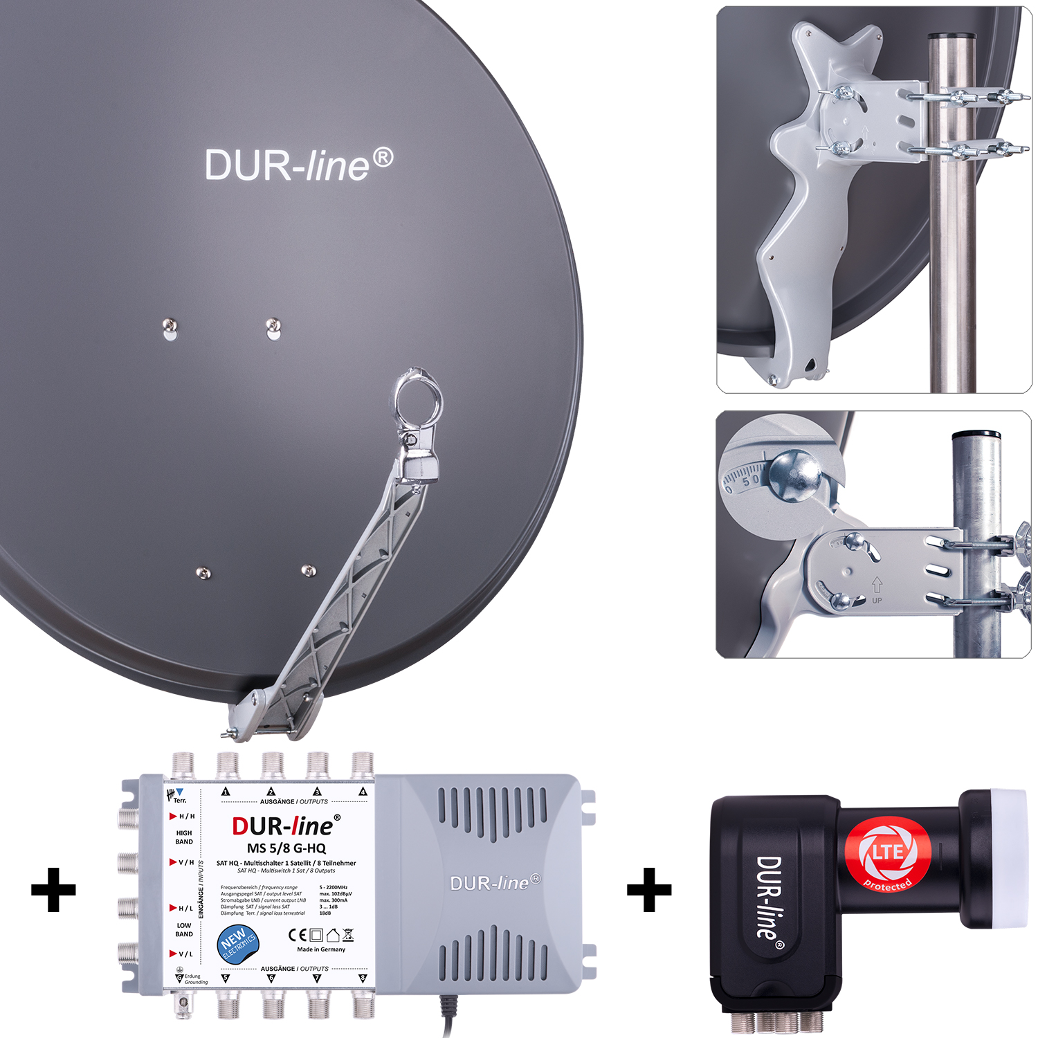 DUR-line 8 Teilnehmer Set 80 cm - Qualitäts-Sat-Komplettanlage 12381 Select 75cm/80cm ALU Spiegel/Schüssel + Multischalter + LNB anthrazit - für 8 Receiver/TV [Neuste Technik DVB-S2 4K 3D]