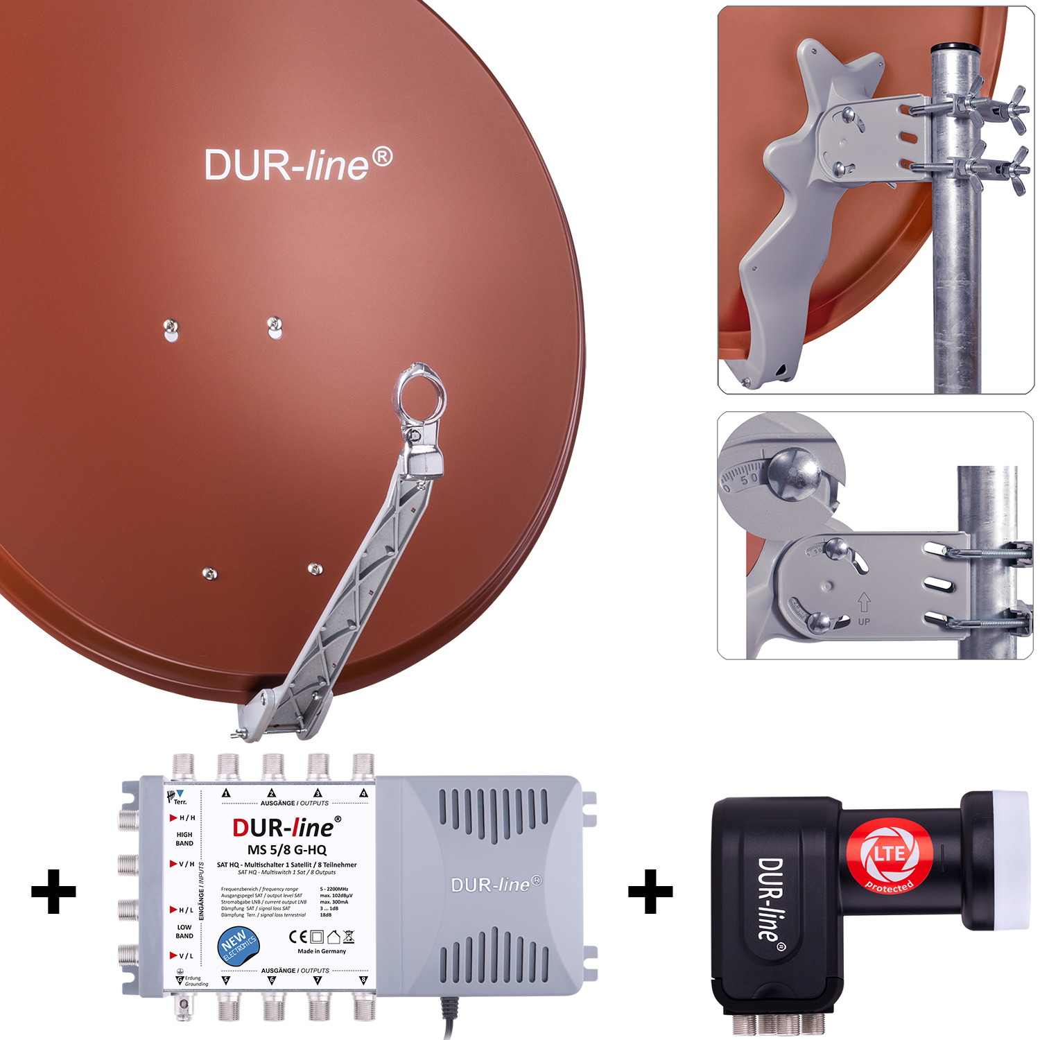 DUR-line 8 Teilnehmer Set 80 cm - Qualitäts-Sat-Komplettanlage 12382 Select 75cm/80cm ALU Spiegel/Schüssel + Multischalter + LNB ziegelrot - für 8 Receiver/TV [Neuste Technik DVB-S2 4K 3D]