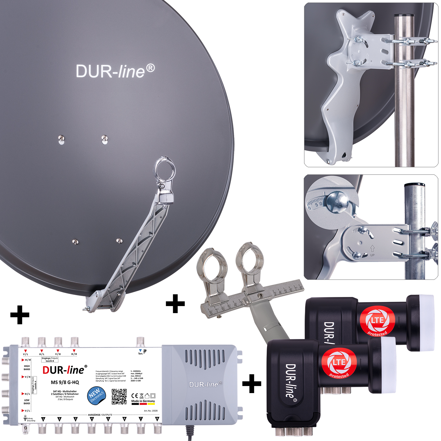 DUR-line 8 Teilnehmer Set 80 cm - Qualitäts-Sat-Komplettanlage 12396 Select 75cm/80cm ALU Spiegel/Schüssel + Multischalter + 2x LNB anthrazit - für 8 Receiver/TV [Neuste Technik DVB-S2 4K 3D]