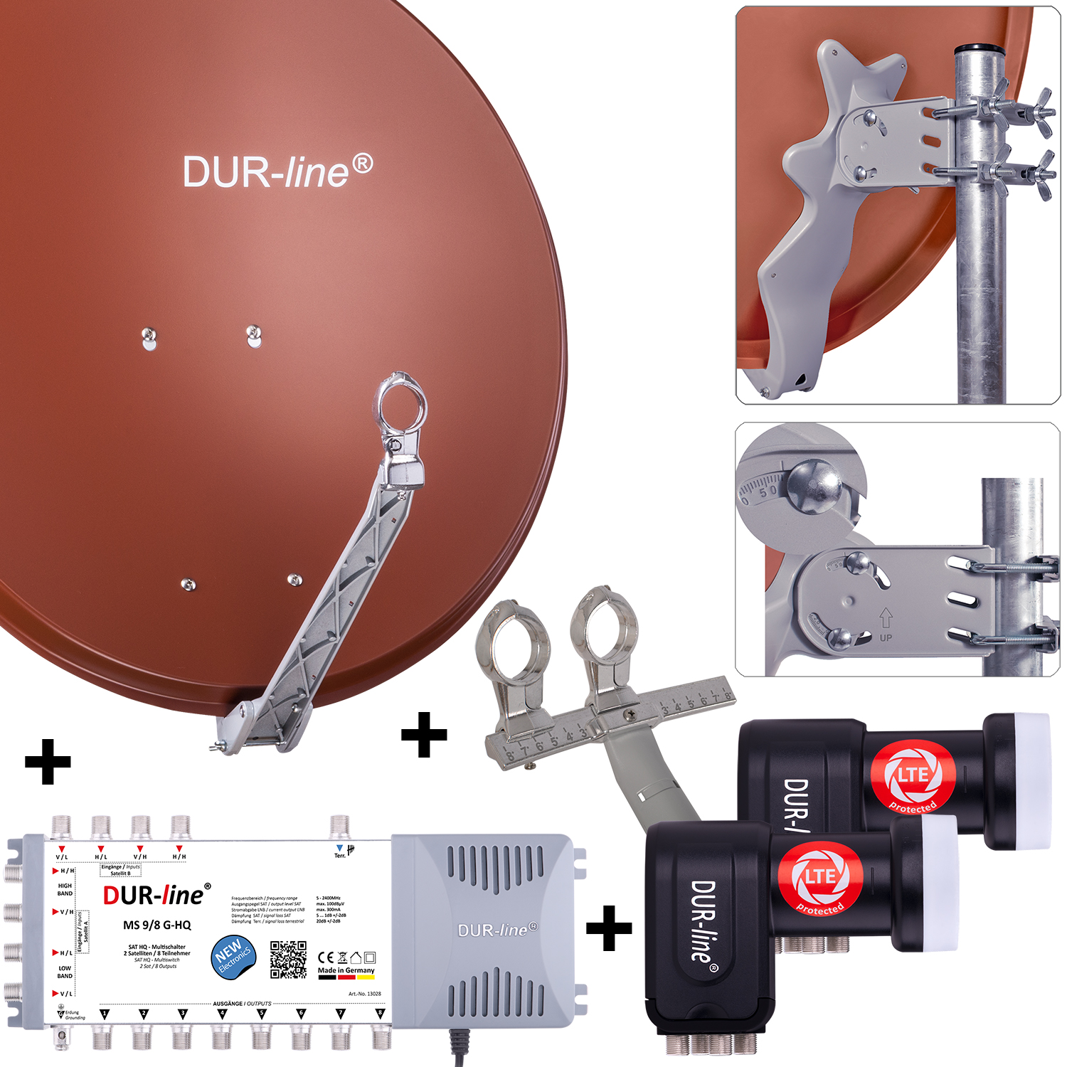 DUR-line 8 Teilnehmer Set 80 cm - Qualitäts-Sat-Komplettanlage 12397 Select 75cm/80cm ALU Spiegel/Schüssel + Multischalter + 2x LNB ziegelrot - für 8 Receiver/TV [Neuste Technik DVB-S2 4K 3D]