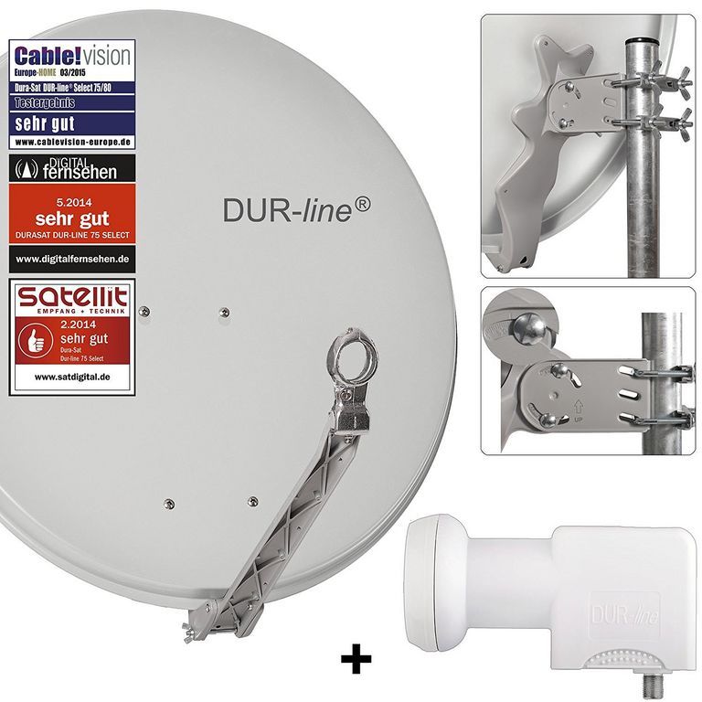 DUR-line 24 Teilnehmer Set 80 cm - Qualitäts-Sat-Komplettanlage 12426 Select 75cm/80cm ALU Spiegel/Schüssel + Unicable LNB hellgrau - für 24 Receiver/TV [Neuste Technik DVB-S2 4K 3D]