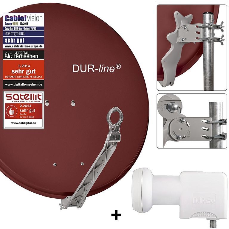 DUR-line 24 Teilnehmer Set 80 cm - Qualitäts-Sat-Komplettanlage 12428 Select 75cm/80cm ALU Spiegel/Schüssel + Unicable LNB ziegelrot - für 24 Receiver/TV [Neuste Technik DVB-S2 4K 3D]