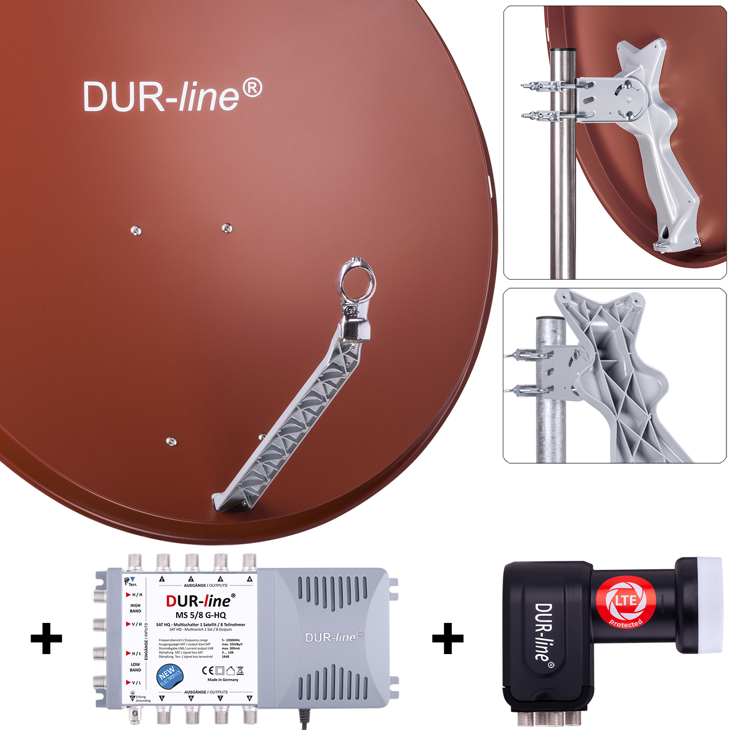 DUR-line 8 Teilnehmer Set 90 cm - Qualitäts-Sat-Komplettanlage 12435 Select 85cm/90cm ALU Spiegel/Schüssel + Multischalter + LNB ziegelrot - für 8 Receiver/TV [Neuste Technik DVB-S2 4K 3D]