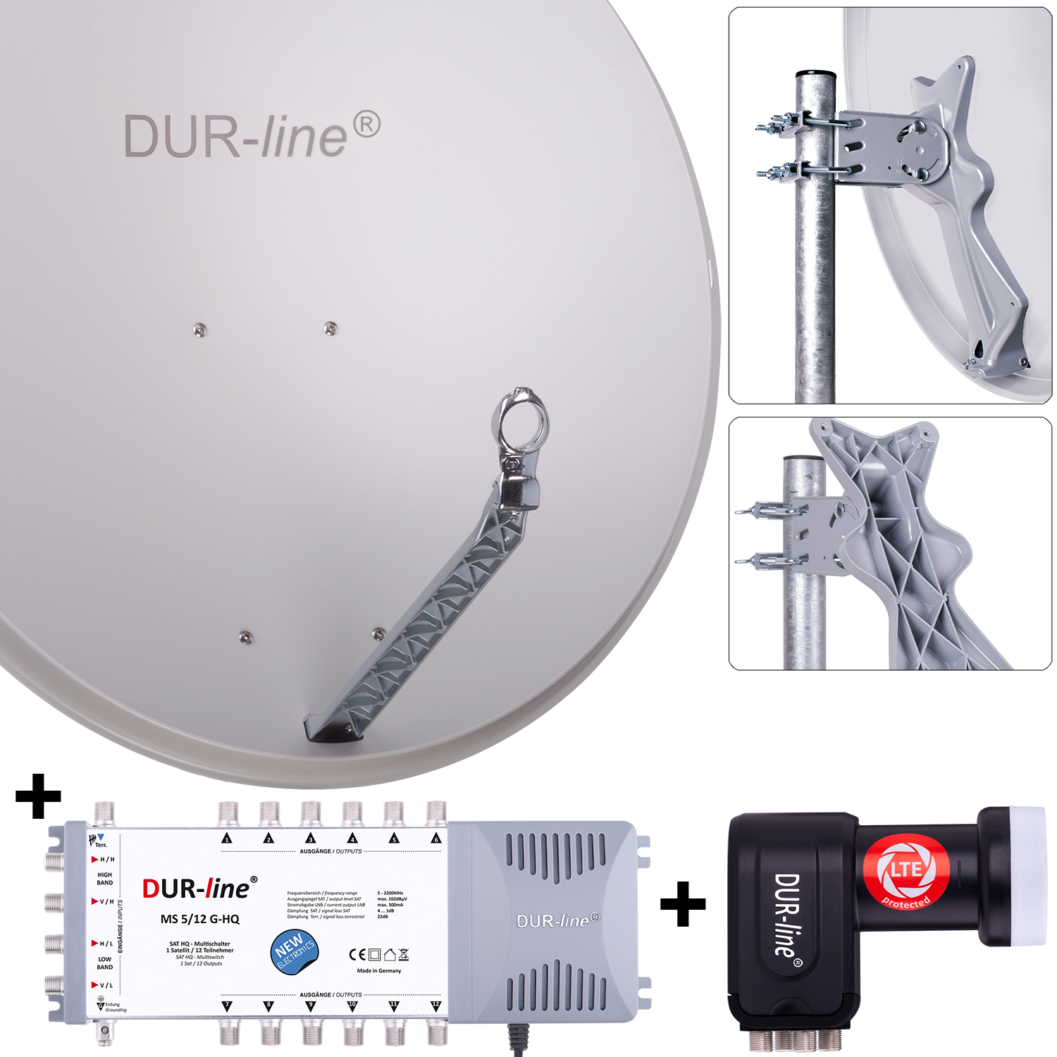 DUR-line 12 Teilnehmer Set 90 cm - Qualitäts-Sat-Komplettanlage 12436 Select 85cm/90cm ALU Spiegel/Schüssel + Multischalter + LNB hellgrau - für 12 Receiver/TV [Neuste Technik DVB-S2 4K 3D]