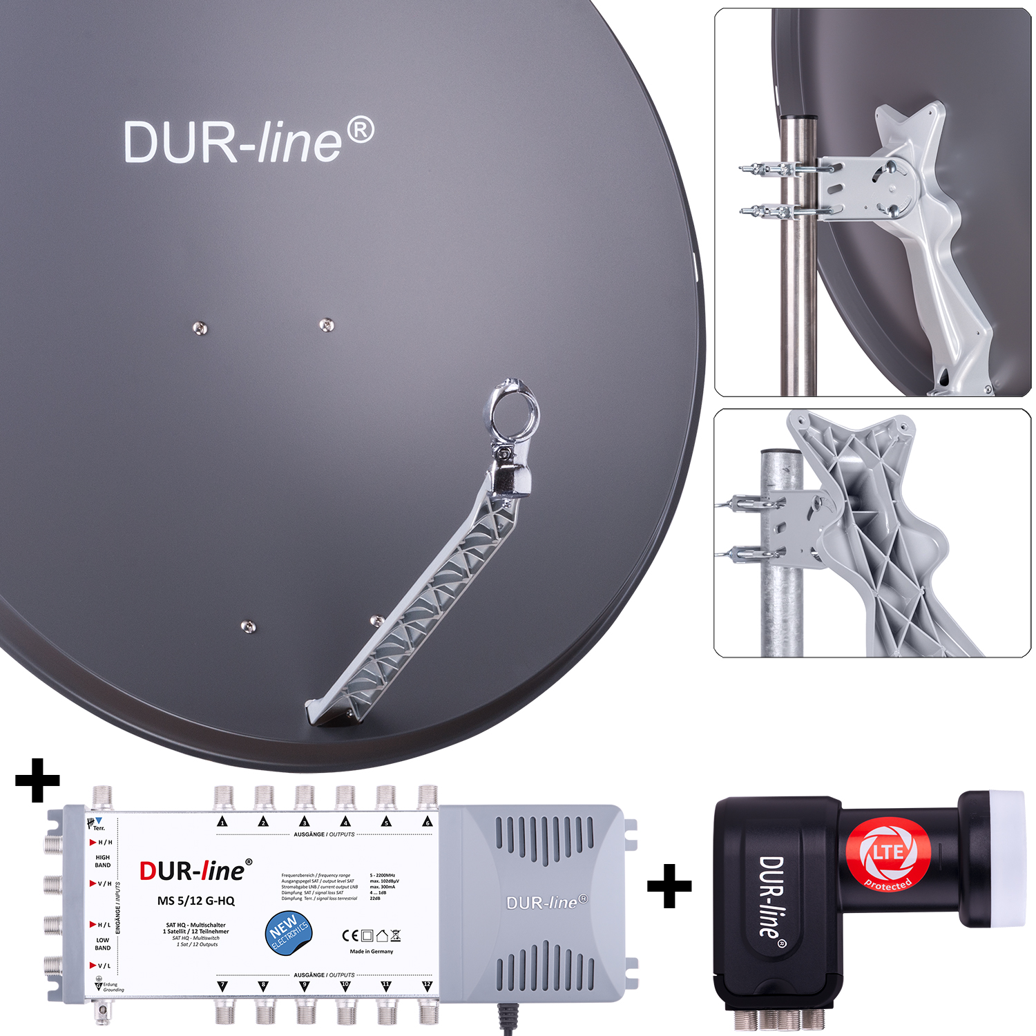 DUR-line 12 Teilnehmer Set 90 cm - Qualitäts-Sat-Komplettanlage 12437 Select 85cm/90cm ALU Spiegel/Schüssel + Multischalter + LNB anthrazit - für 12 Receiver/TV [Neuste Technik DVB-S2 4K 3D]