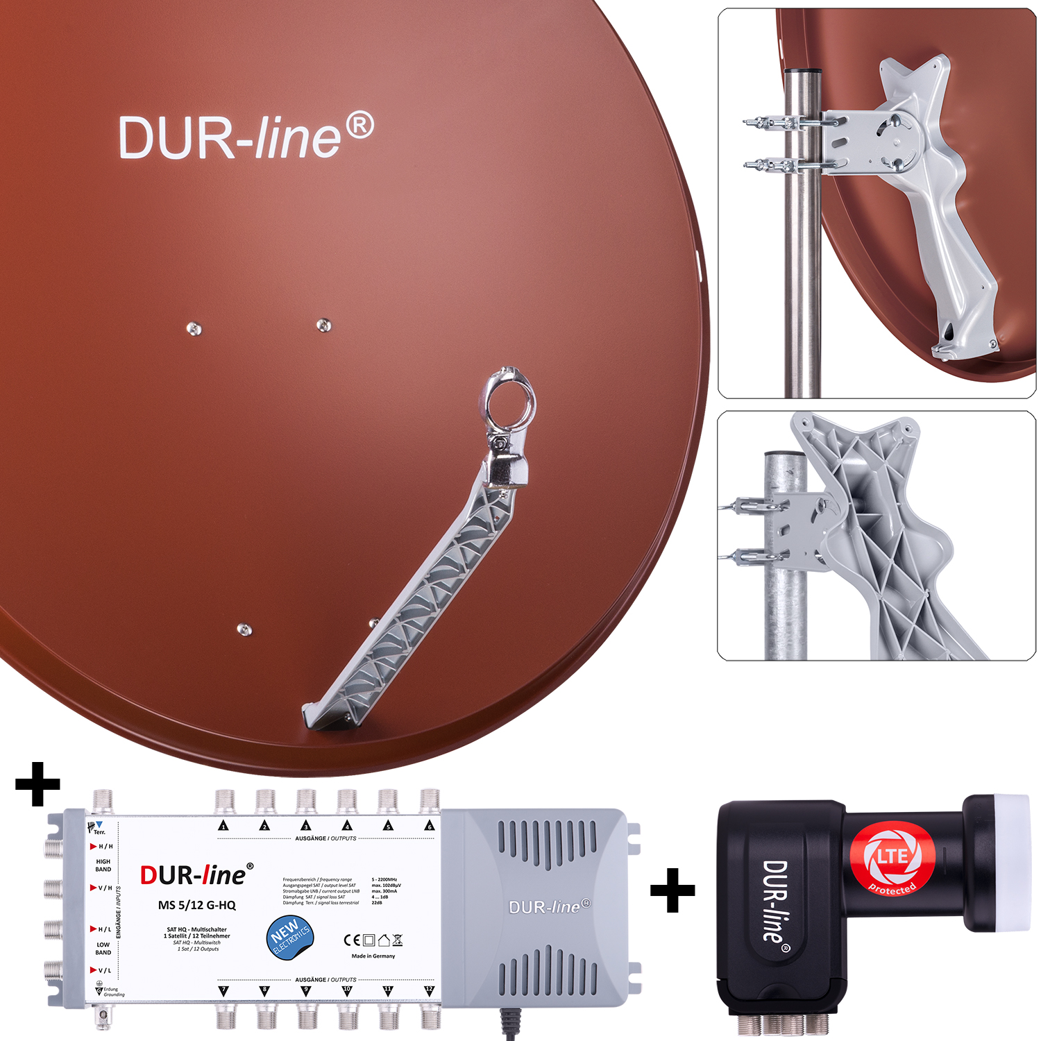 DUR-line 12 Teilnehmer Set 90 cm - Qualitäts-Sat-Komplettanlage 12438 Select 85cm/90cm ALU Spiegel/Schüssel + Multischalter + LNB ziegelrot - für 12 Receiver/TV [Neuste Technik DVB-S2 4K 3D]