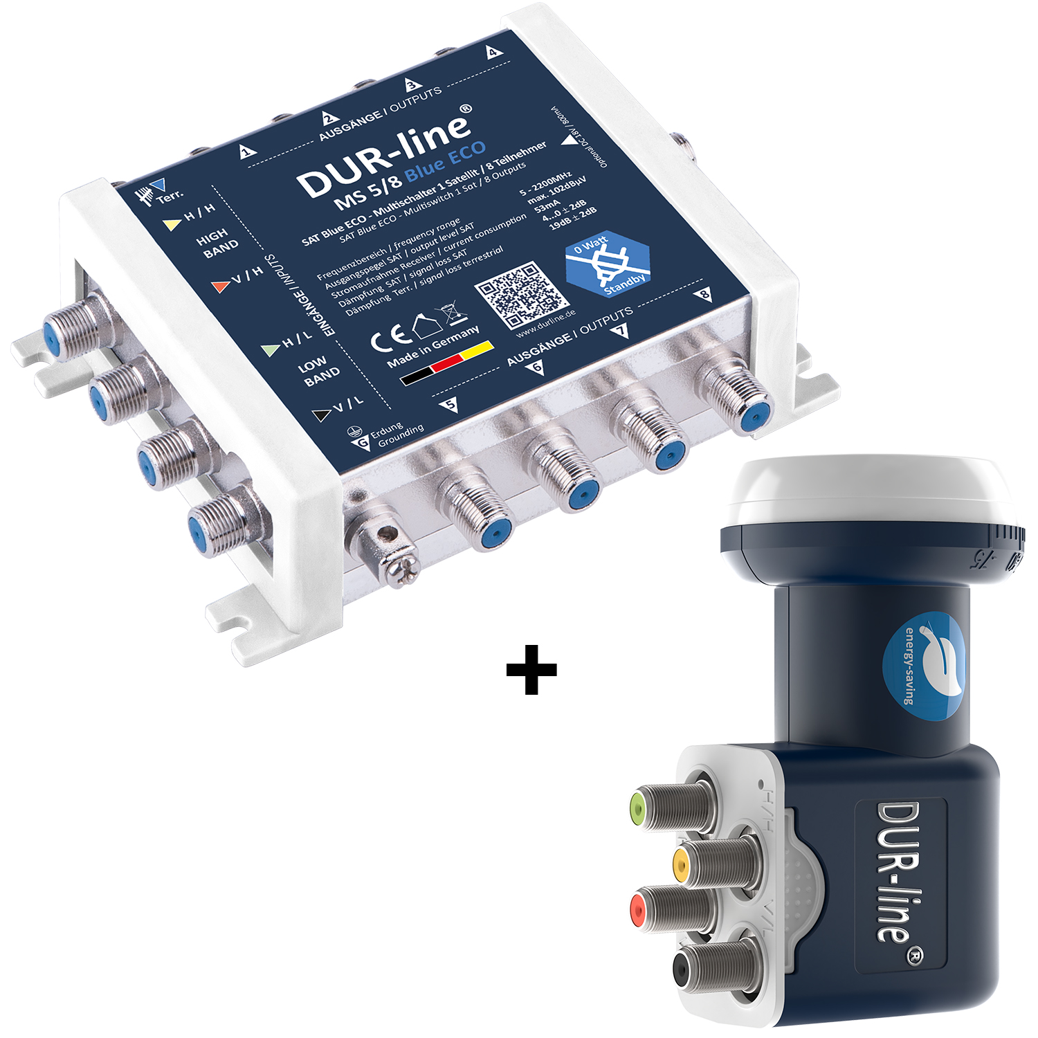 Multischalter Set 5/8 - DUR-line Blue ECO Multischalter + Quattro LNB für 8 Teilnehmer kein Netzteil notwendig - 0 Watt Standby Multiswitch [Digital HDTV FullHD 4K UHD]