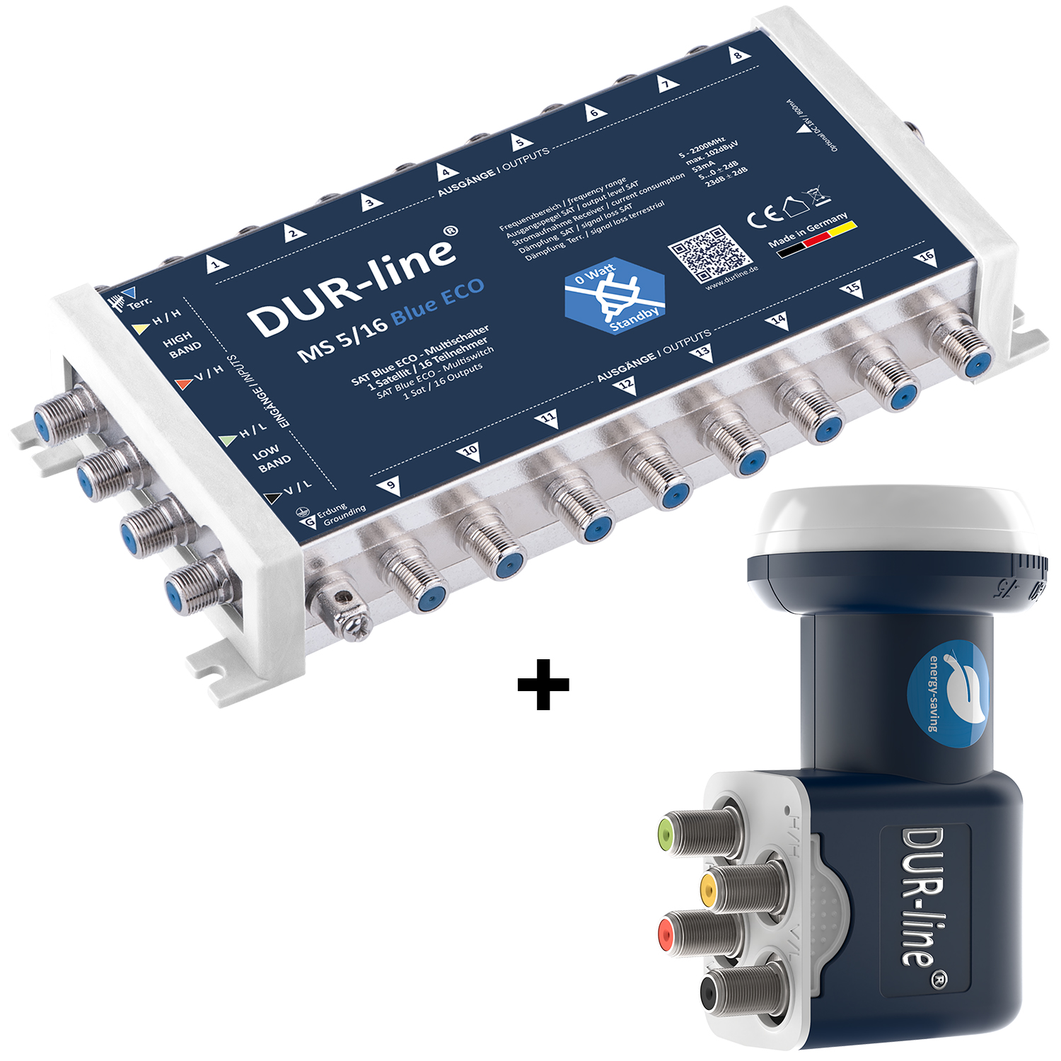 Multischalter Set 5/16 - DUR-line Blue ECO Multischalter + Quattro LNB für 16 Teilnehmer kein Netzteil notwendig - 0 Watt Standby Multiswitch [Digital HDTV FullHD 4K UHD]