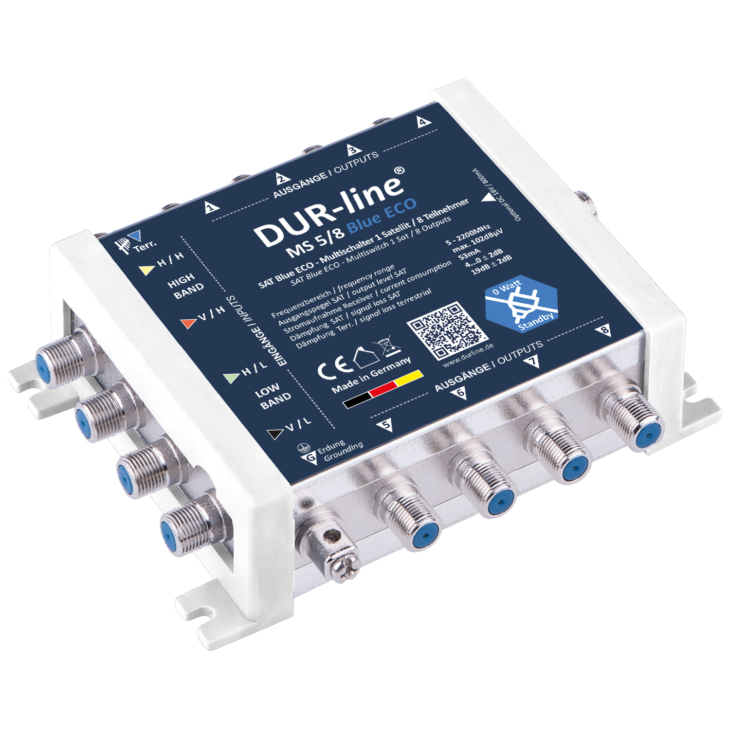 Multischalter 5/8 - DUR-line Blue eco Stromspar für 8 Teilnehmer kein Netzteil notwendig - 0 Watt Standby Multiswitch [Digital HDTV FullHD 4K UHD]