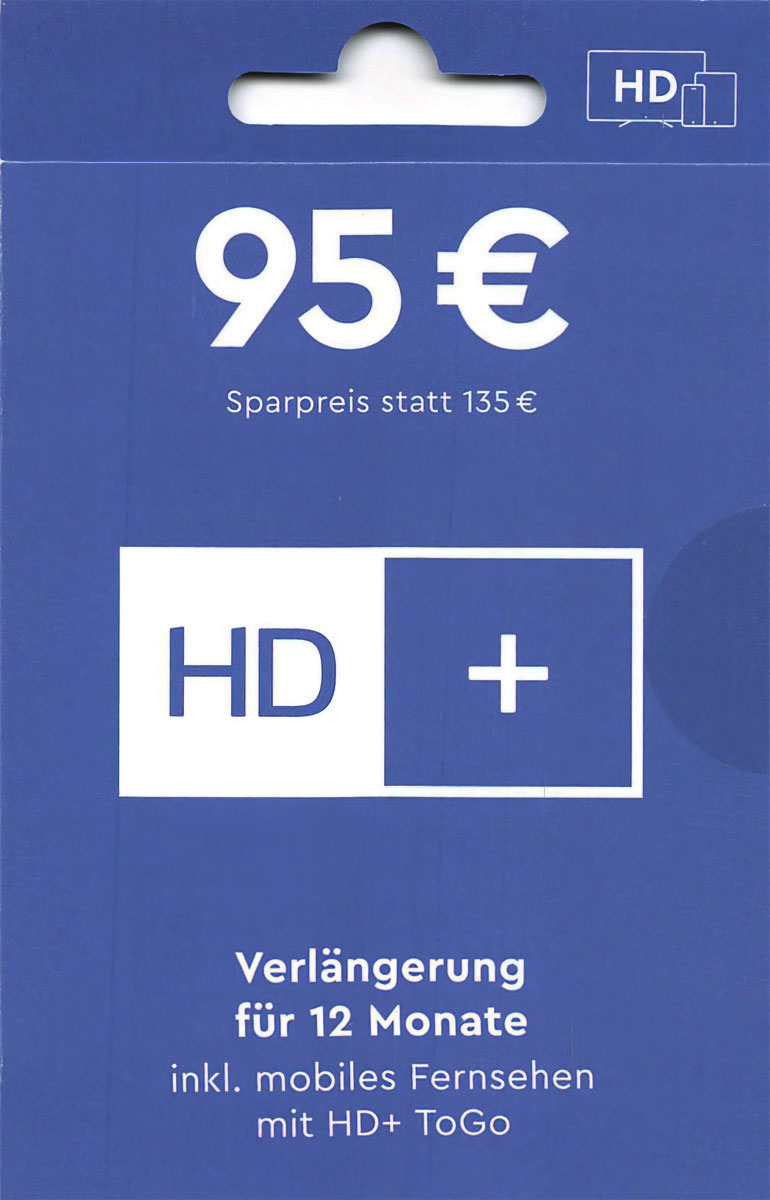 HD Verlängerungscode mit HD+ ToGo sofort (24/7 Service) per E-Mail 12 Monate verlängern inkl. ToGo Zusendung per E-Mail passend für alle HD+ Karten HD+ TV-Keys und alle aktuellen Geräte wo HD+ bereits fest drin integriert ist