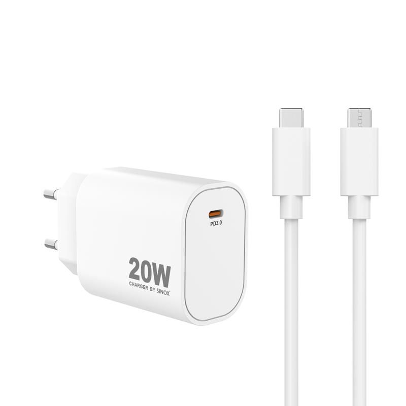 sinox Pro SXP 6920  USB-C Schnellladegerät mit USB-C Kabel 20 Watt USB-C Anschluss und Kabel 2.00m weiß