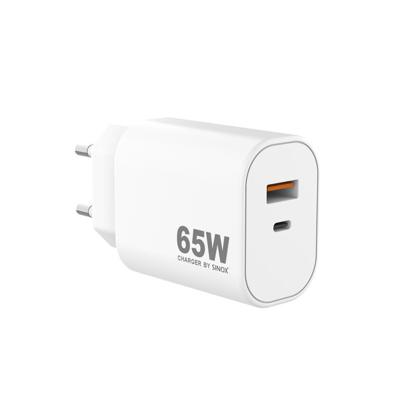 sinox Pro SXP 6065  USB-C / USB-A Schnellladegerät 65 Watt USB-C und USB-A Anschluss weiß
