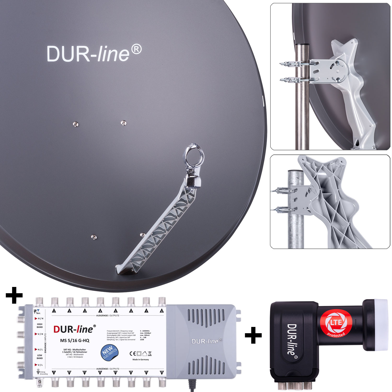 DUR-line 16 Teilnehmer Set 90 cm - Qualitäts-Sat-Komplettanlage 31316 Select 85cm/90cm ALU Spiegel/Schüssel + Multischalter + LNB anthrazit - für 16 Receiver/TV [Neuste Technik DVB-S2 4K 3D]