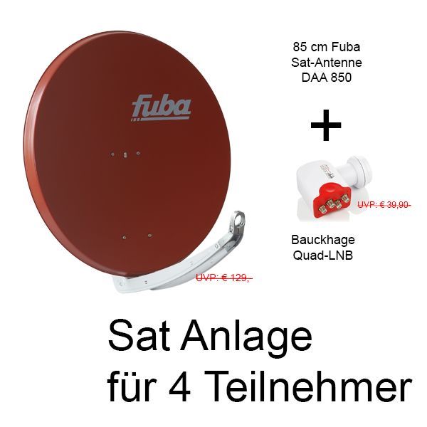 4 Teilnehmer Sat-Anlage - Fuba Bundle F8540QSR Schüsselgröße: 85 cm 4 Anschlüsse ziegelrot DAA850 Sat-Antenne + Bauckhage Quad LNB 4K ready