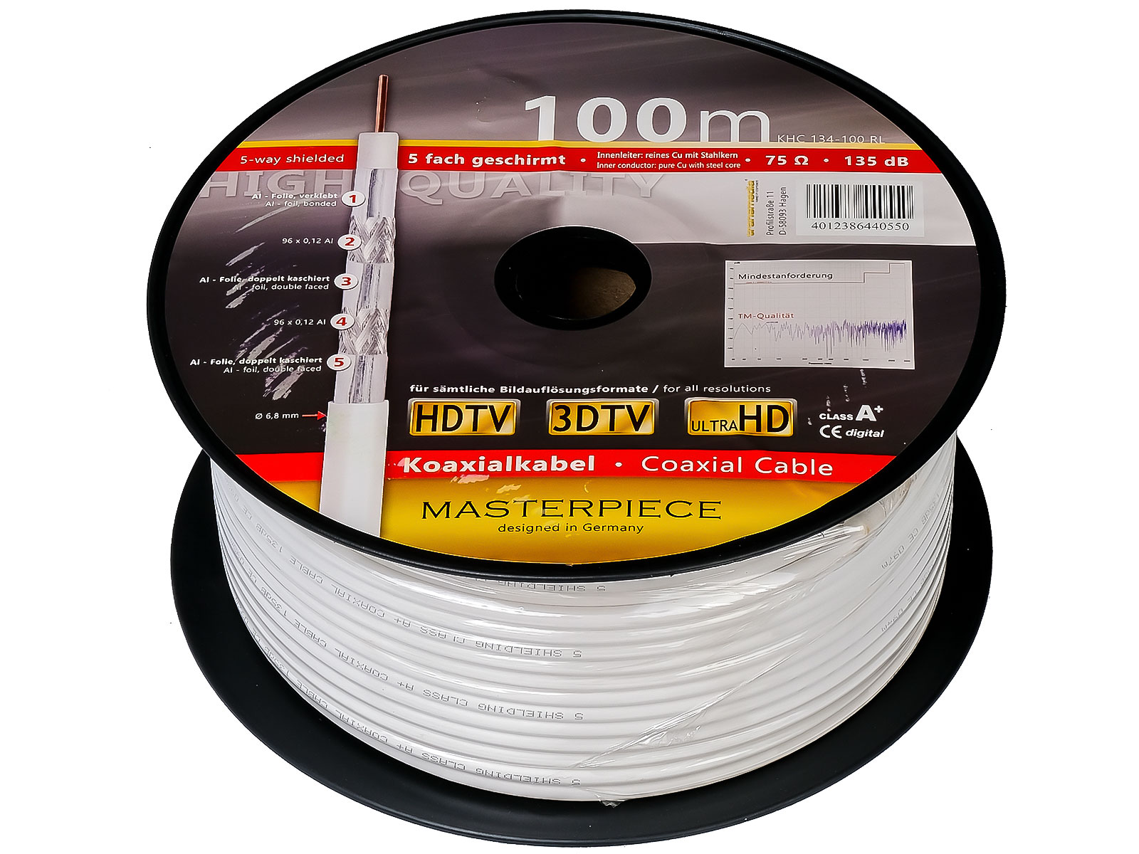 100 Meter - Antennenkabel - Transmedia KHC134-100R-M 6.8 mm 135 dB Meterware CCS weiß Sat Kabel HIGH Class A+