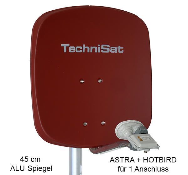 1 Teilnehmer Sat-Anlage Astra / Hotbird - TechniSat DigiDish 45R + MBS 1 Anschluss ziegelrot mit Maximum Single Monoblock 4K / 3D / HDTV ready inkl. Masthalterung