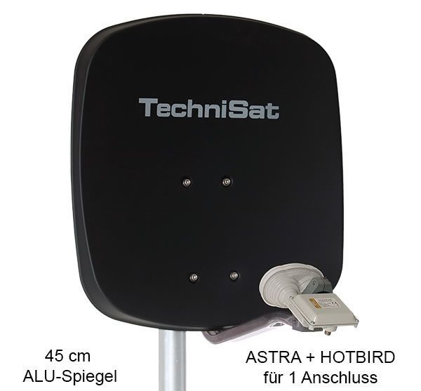 1 Teilnehmer Sat-Anlage Astra / Hotbird - TechniSat DigiDish 45A + MBS 1 Anschluss anthrazit mit Maximum Single Monoblock 4K / 3D / HDTV ready inkl. Masthalterung