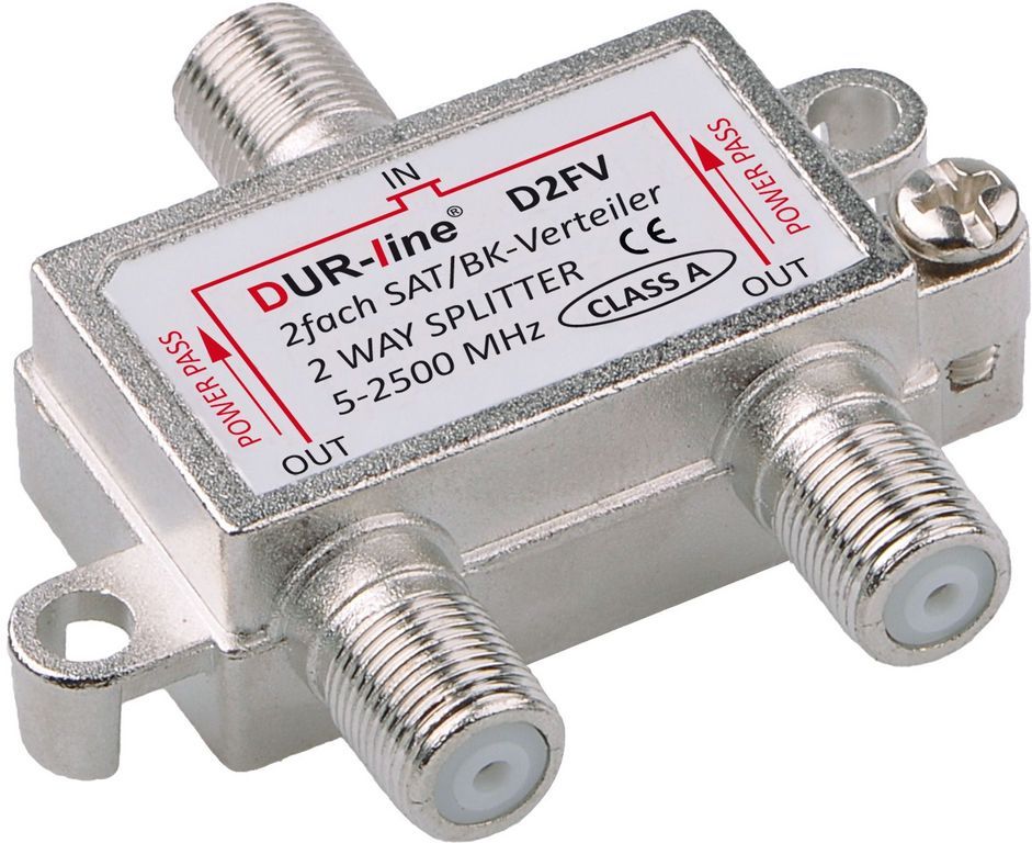 DUR-line SAT & BK-Verteiler - Class A - 2-Fach Splitter - voll geschirmt - Verteiler 2-fach Unicable & HD tauglich DUR-line D2FV - für Satelliten-Anlagen(DVB-S2) - BK - UKW Radio - DC-Durchlass - TV Antennen Fernseh Verteiler