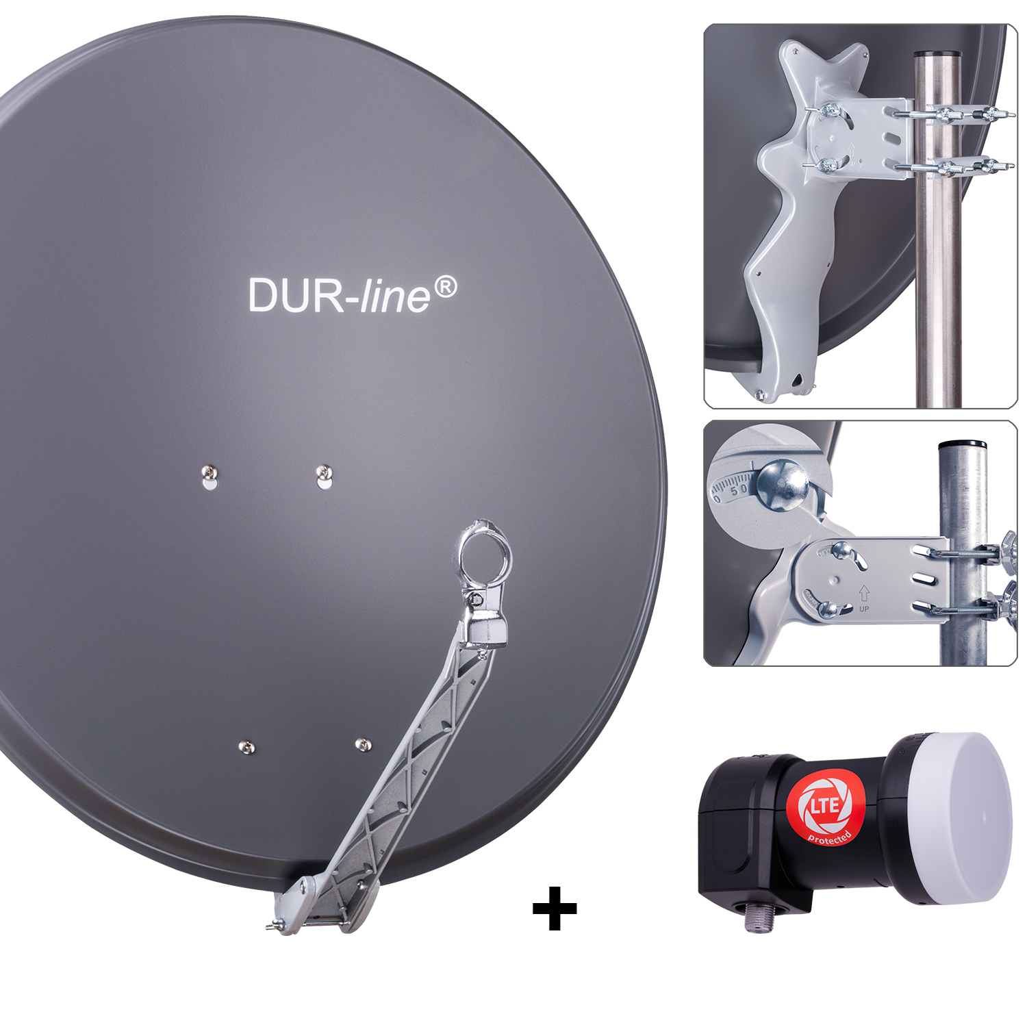DUR-line 1 Teilnehmer Set 80 cm - Qualitäts-Sat-Komplettanlage 12351 Select 75cm/80cm ALU Spiegel/Schüssel + Single LNB anthrazit - für 1 Receiver/TV [Neuste Technik DVB-S2 4K 3D]