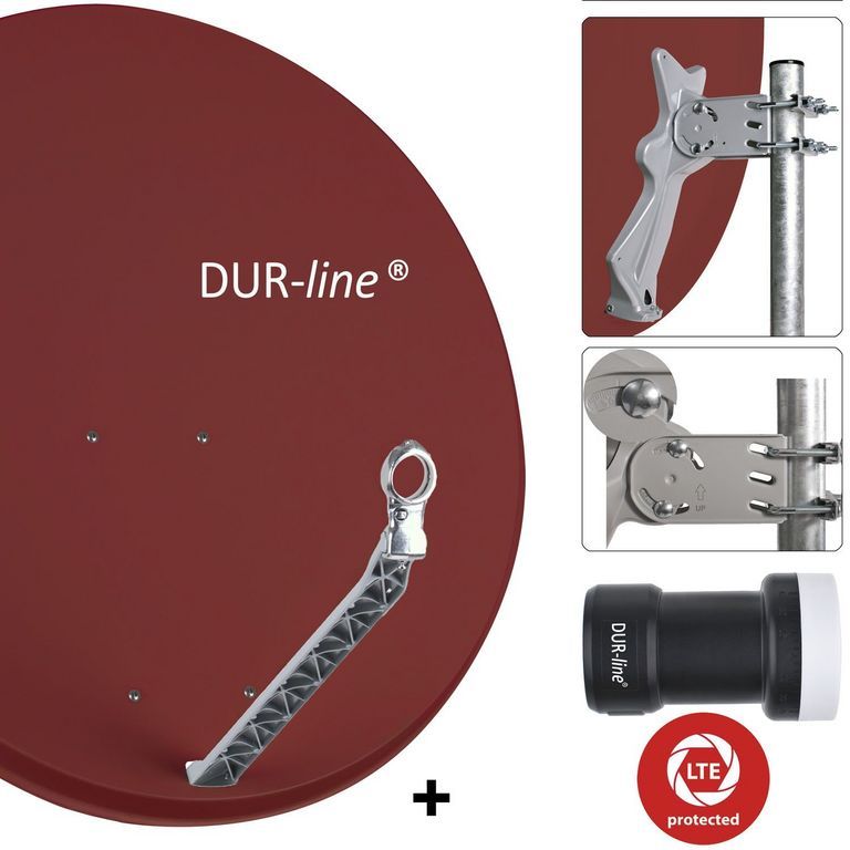 DUR-line 1 Teilnehmer Set 90 cm - Qualitäts-Sat-Komplettanlage 12312 Select 85cm/90cm ALU Spiegel/Schüssel + Single LNB ziegelrot - für 1 Receiver/TV [Neuste Technik DVB-S2 4K 3D]