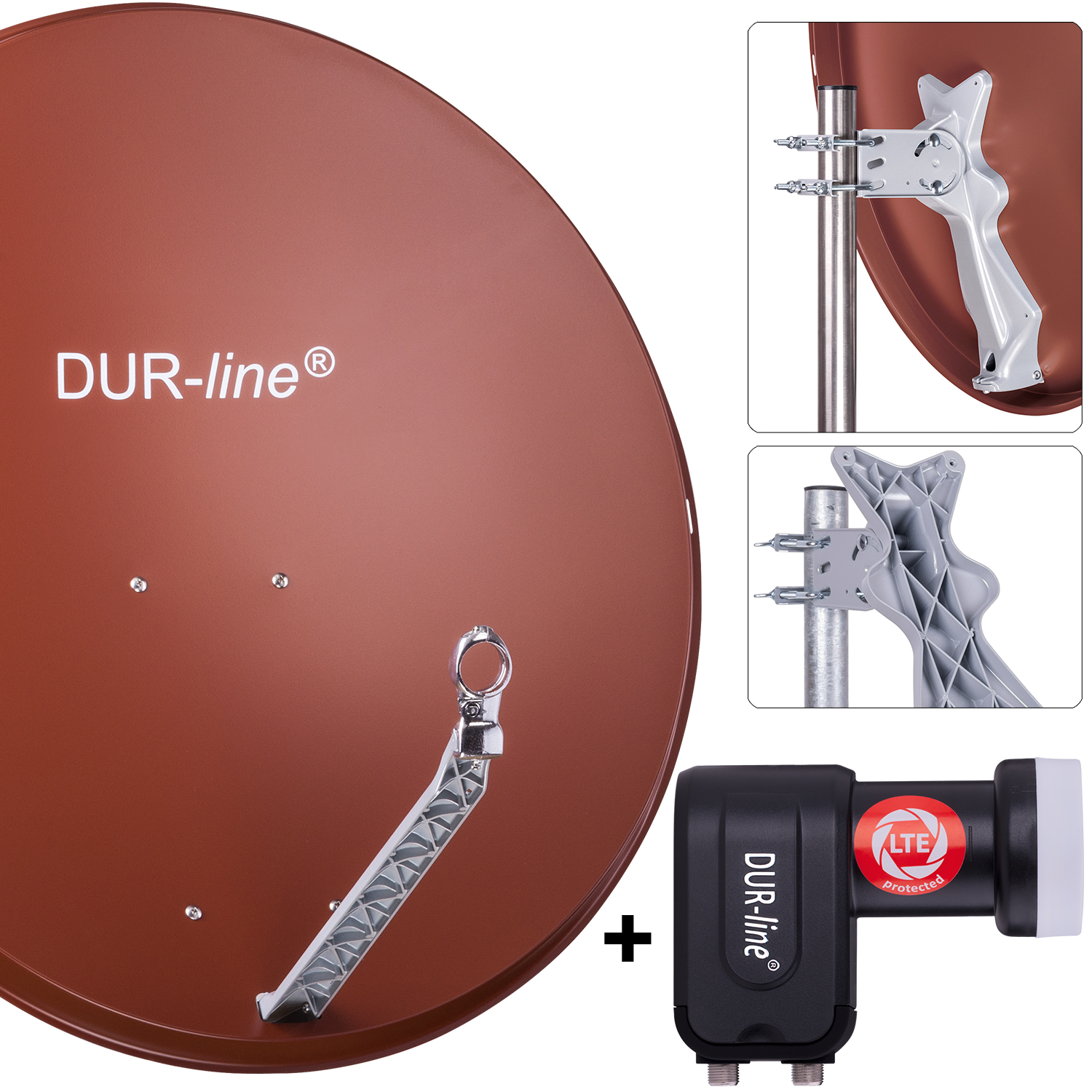 DUR-line 2 Teilnehmer Set 90 cm - Qualitäts-Sat-Komplettanlage 12315 Select 85cm/90cm ALU Spiegel/Schüssel + Twin LNB ziegelrot - für 2 Receiver/TV [Neuste Technik DVB-S2 4K 3D]