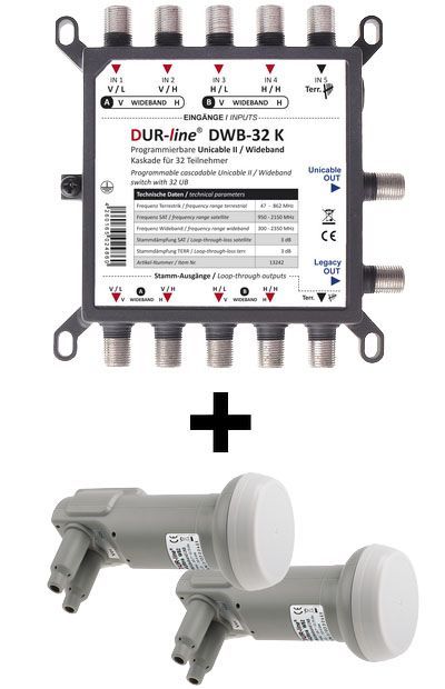 DUR-line DWB-32 K LNB Wideband Unicable I + II Kaskade mit 2 Wideband LNBs für 16 Teilnehmer programmiert für 2x 8 Teilnehler