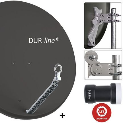 DUR-line 1 Teilnehmer Set 90 cm - Qualitäts-Sat-Komplettanlage 12311 Select 85cm/90cm ALU Spiegel/Schüssel + Single LNB anthrazit - für 1 Receiver/TV [Neuste Technik DVB-S2 4K 3D]