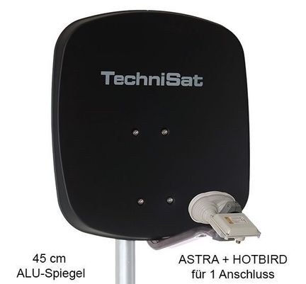 1 Teilnehmer Sat-Anlage Astra / Hotbird - TechniSat DigiDish 45A + MBS 1 Anschluss anthrazit mit Inverto Single Monoblock 4K / 3D / HDTV ready inkl. Masthalterung