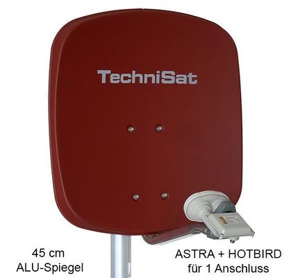 1 Teilnehmer Sat-Anlage Astra / Hotbird - TechniSat DigiDish 45R + MBS 1 Anschluss ziegelrot mit Inverto Single Monoblock 4K / 3D / HDTV ready inkl. Masthalterung