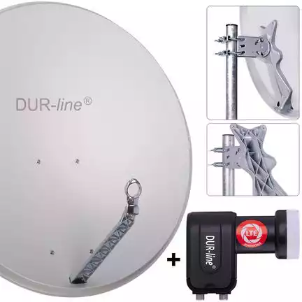 DUR-line 2 Teilnehmer Set 90 cm - Qualitäts-Sat-Komplettanlage 12313 Select 85cm/90cm ALU Spiegel/Schüssel + Twin LNB hellgrau - für 2 Receiver/TV [Neuste Technik DVB-S2 4K 3D]