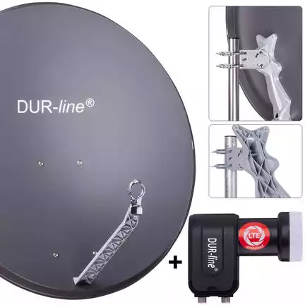 DUR-line 2 Teilnehmer Set 90 cm - Qualitäts-Sat-Komplettanlage 12314 Select 85cm/90cm ALU Spiegel/Schüssel + Twin LNB anthrazit - für 2 Receiver/TV [Neuste Technik DVB-S2 4K 3D]