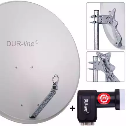 11111DUR-line 4 Teilnehmer Set 90 cm - Qualitäts-Sat-Komplettanlage 12319 Select 85cm/90cm ALU Spiegel/Schüssel + Quad LNB hellgrau - für 4 Receiver/TV [Neuste Technik DVB-S2 4K 3D]