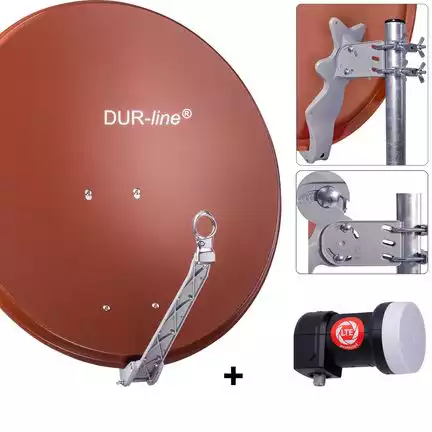 11111DUR-line 1 Teilnehmer Set 80 cm - Qualitäts-Sat-Komplettanlage 12352 Select 75cm/80cm ALU Spiegel/Schüssel + Single LNB ziegelrot - für 1 Receiver/TV [Neuste Technik DVB-S2 4K 3D]