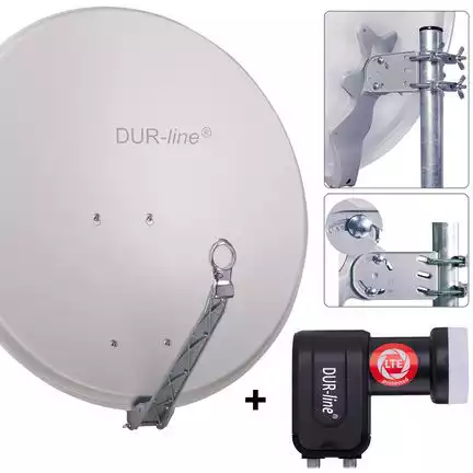 DUR-line 2 Teilnehmer Set 80 cm - Qualitäts-Sat-Komplettanlage 12355 Select 75cm/80cm ALU Spiegel/Schüssel + Twin LNB hellgrau - für 2 Receiver/TV [Neuste Technik DVB-S2 4K 3D]