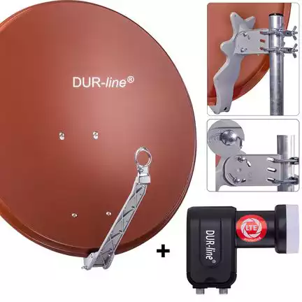 11111DUR-line 2 Teilnehmer Set 80 cm - Qualitäts-Sat-Komplettanlage 12357 Select 75cm/80cm ALU Spiegel/Schüssel + Twin LNB ziegelrot - für 2 Receiver/TV [Neuste Technik DVB-S2 4K 3D]