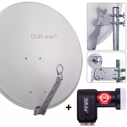 11111DUR-line 4 Teilnehmer Set 80 cm - Qualitäts-Sat-Komplettanlage 12360 Select 75cm/80cm ALU Spiegel/Schüssel + Quad LNB hellgrau - für 4 Receiver/TV [Neuste Technik DVB-S2 4K 3D]